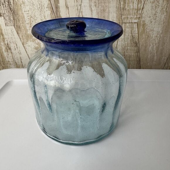 Hand Blown Glass Canister Mexico with lid Blue Rim Biscuit Cookie Jar 6”x4” Farm - Picture 1 of 16